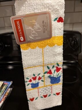 New Old Stock Cannon White Floral Kitchen Dish Cloth - Yellow Accent Made In USA